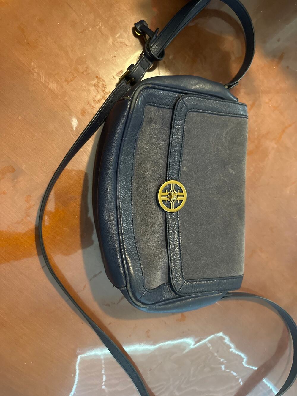 Fossil Navy Blue Leather & Suede Crossbody Bag with Gold Hardware